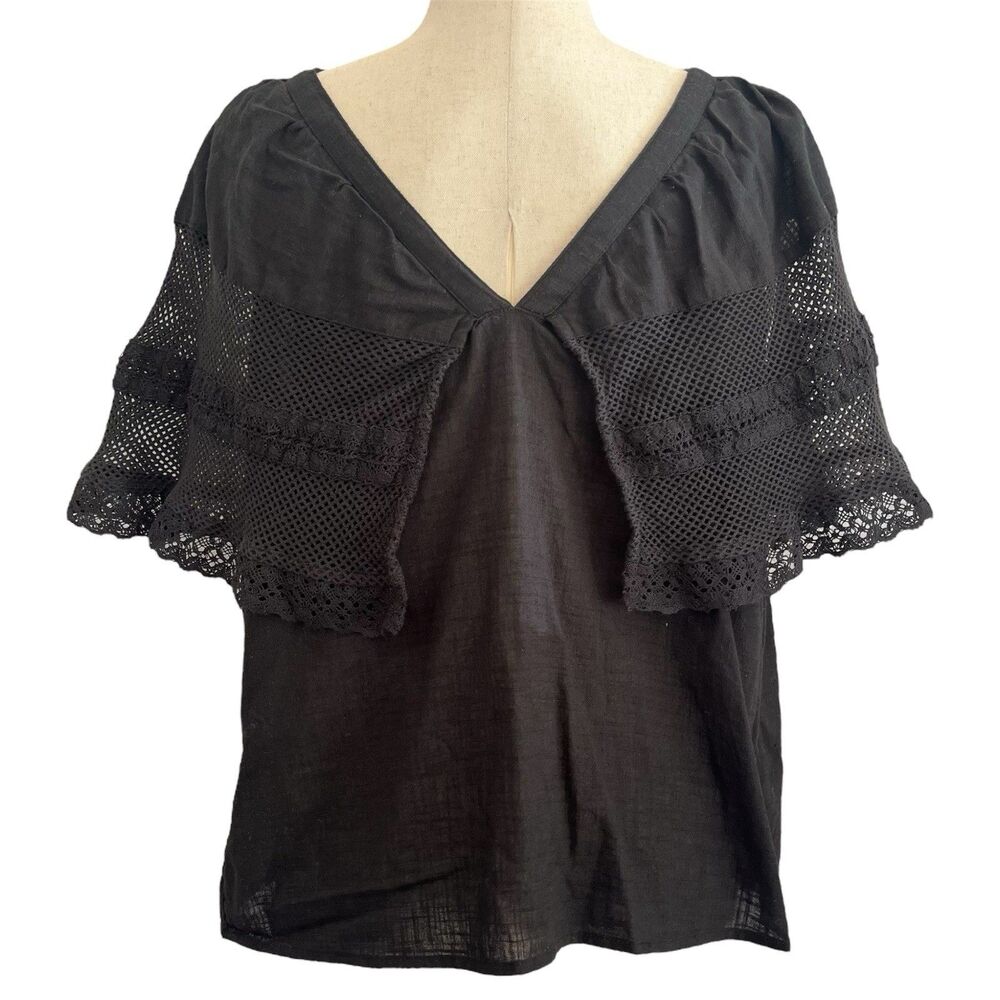 Old Navy Crochet Trim Top Womens M Black Flutter Sleeve Cottagecore Boho Peasant